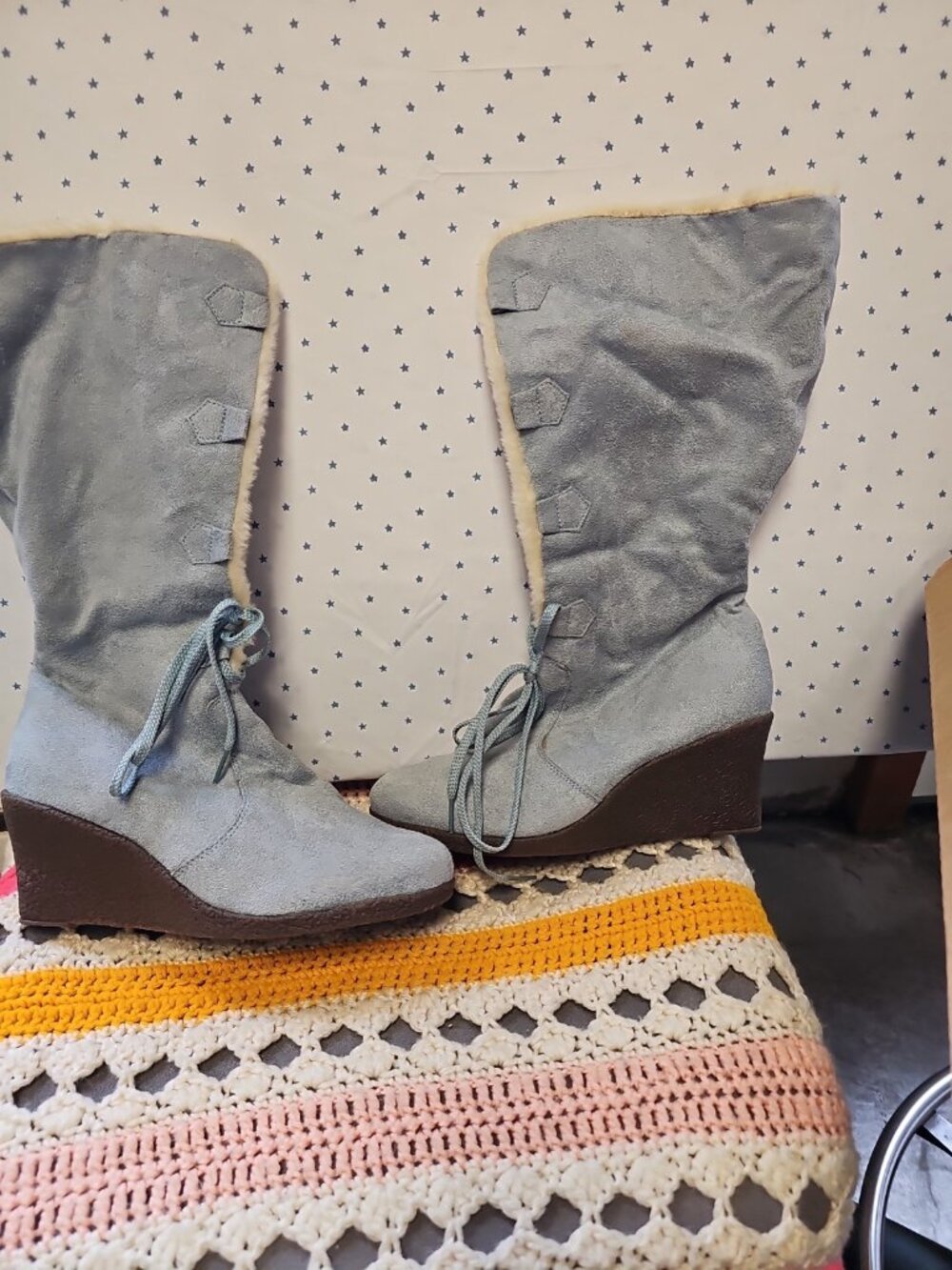 Suzanne Somers Blue Suede Lace Up Wedge Heel Boots